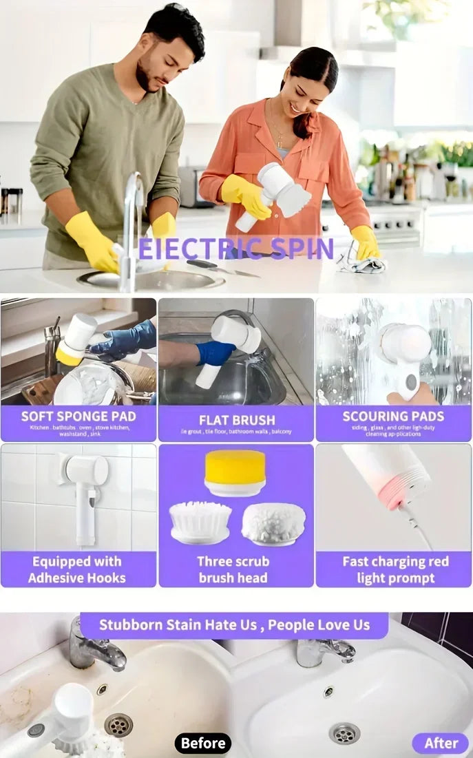 Electric Spin Scrubber With 5 Replaceable Brushs